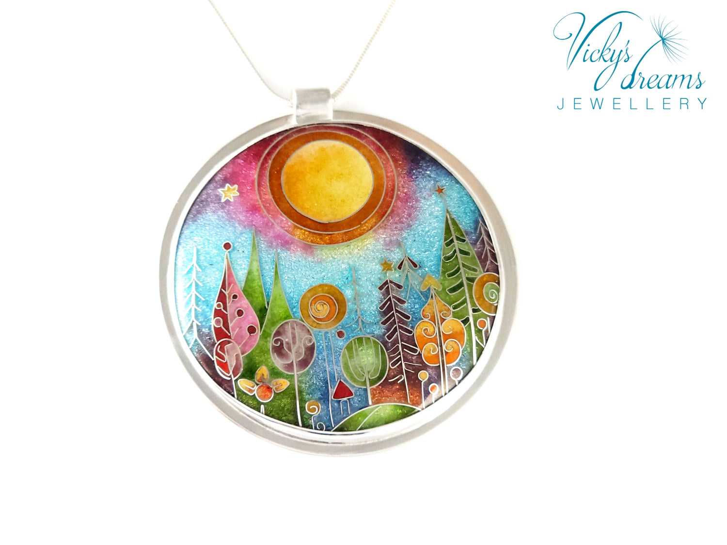 Handmade sterling silver cloisonné enamel pendant featuring a dreamlike forest with stylized trees, flowing lines, spiral motifs, and subtle stars