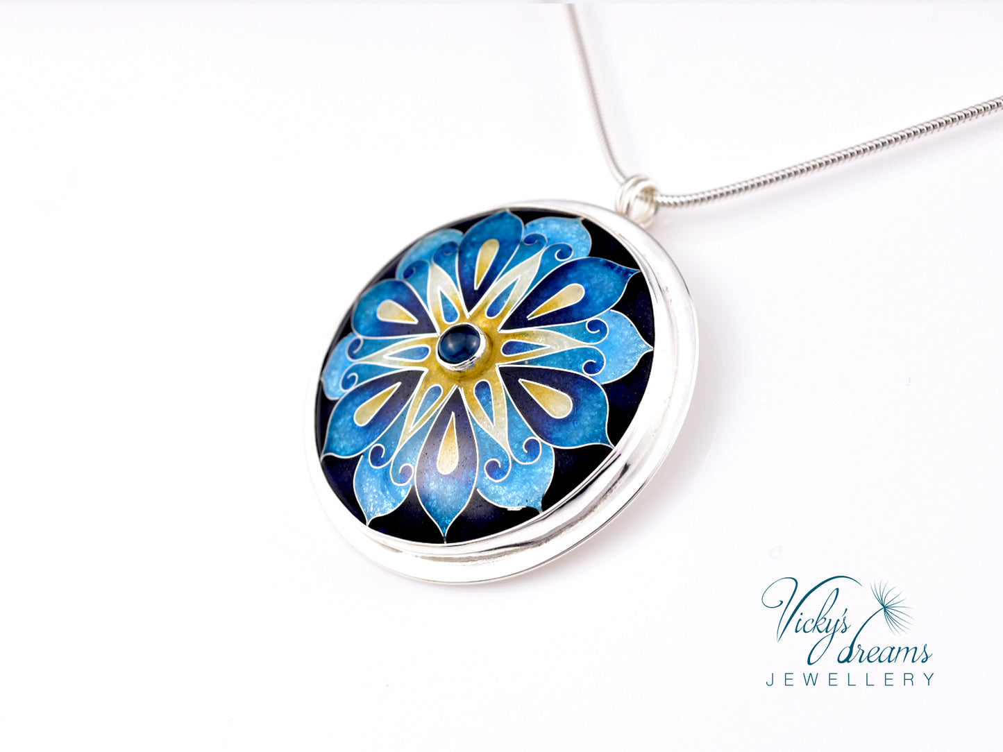 Handmade cloisonné blue mandala enamel pendant with London Blue Topaz gemstone in sterling silver