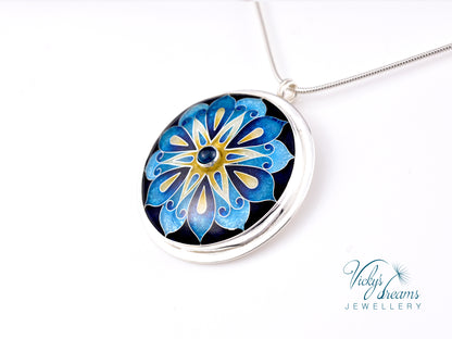 Handmade cloisonné blue mandala enamel pendant with London Blue Topaz gemstone in sterling silver