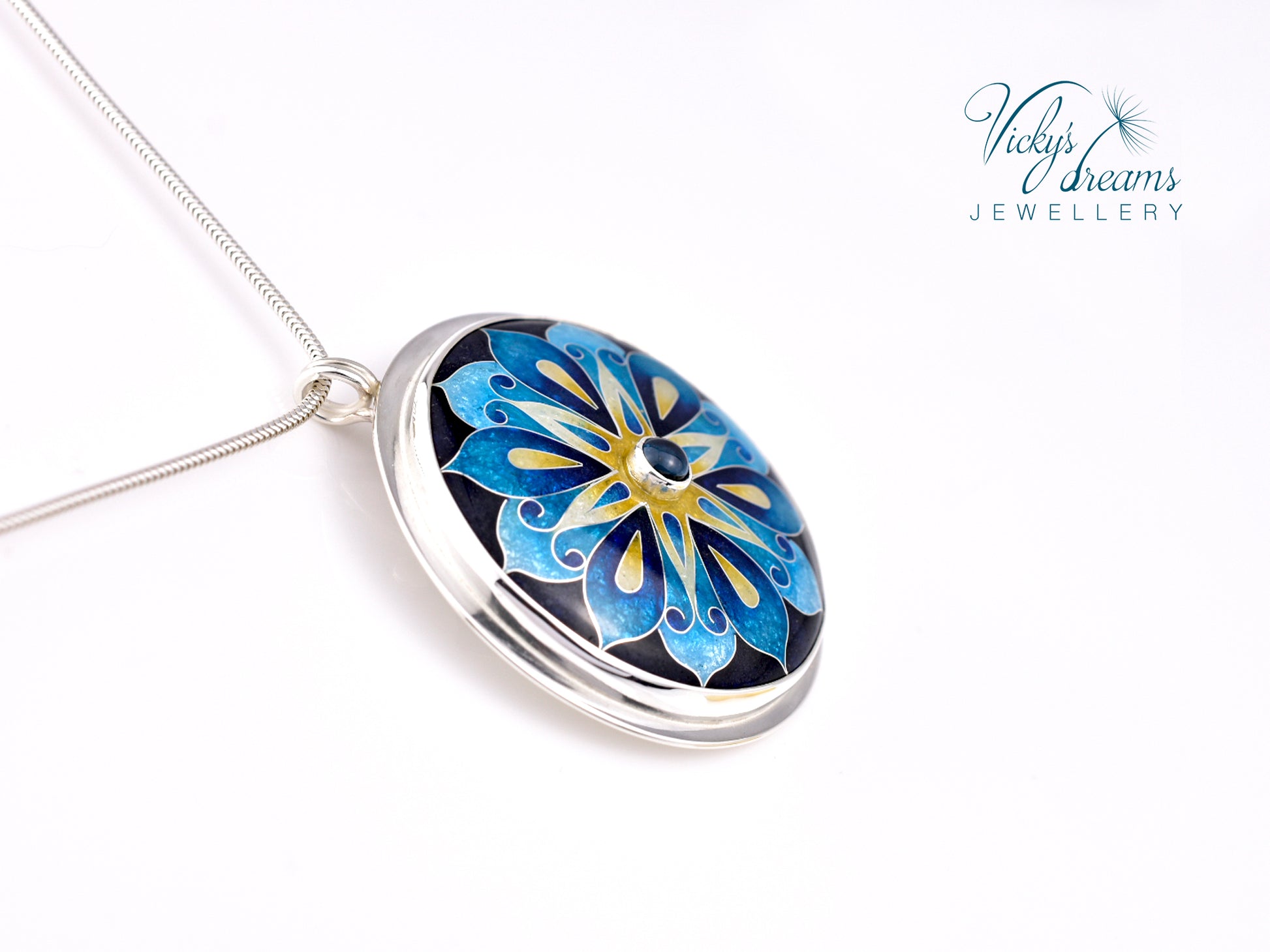 Handmade cloisonné blue mandala enamel pendant with London Blue Topaz gemstone in sterling silver