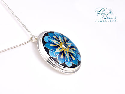 Handmade cloisonné blue mandala enamel pendant with London Blue Topaz gemstone in sterling silver