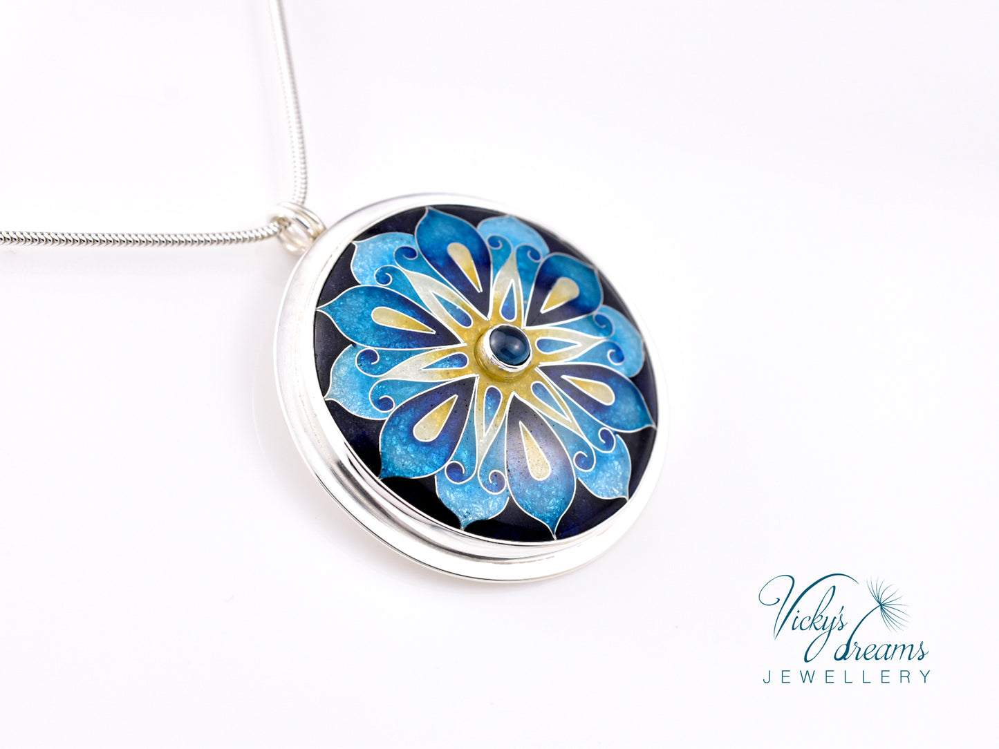 Handmade cloisonné blue mandala enamel pendant with London Blue Topaz gemstone in sterling silver