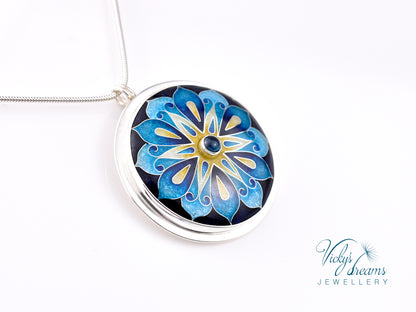 Handmade cloisonné blue mandala enamel pendant with London Blue Topaz gemstone in sterling silver