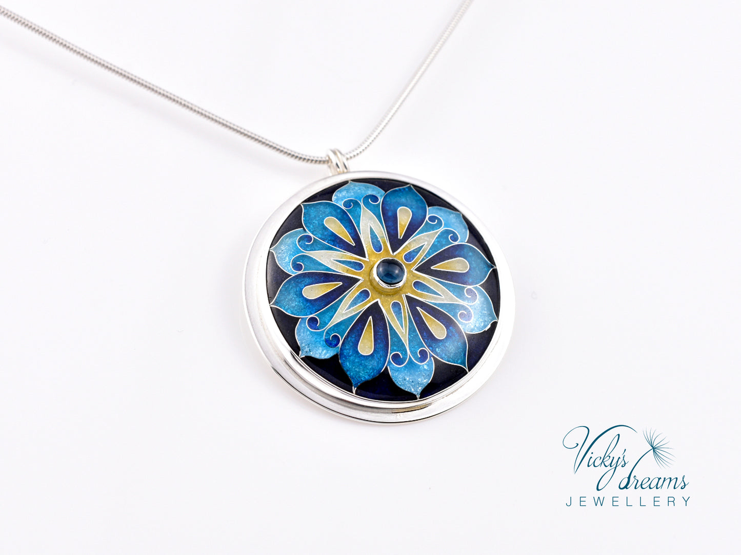 Handmade cloisonné blue mandala enamel pendant with London Blue Topaz gemstone in sterling silver