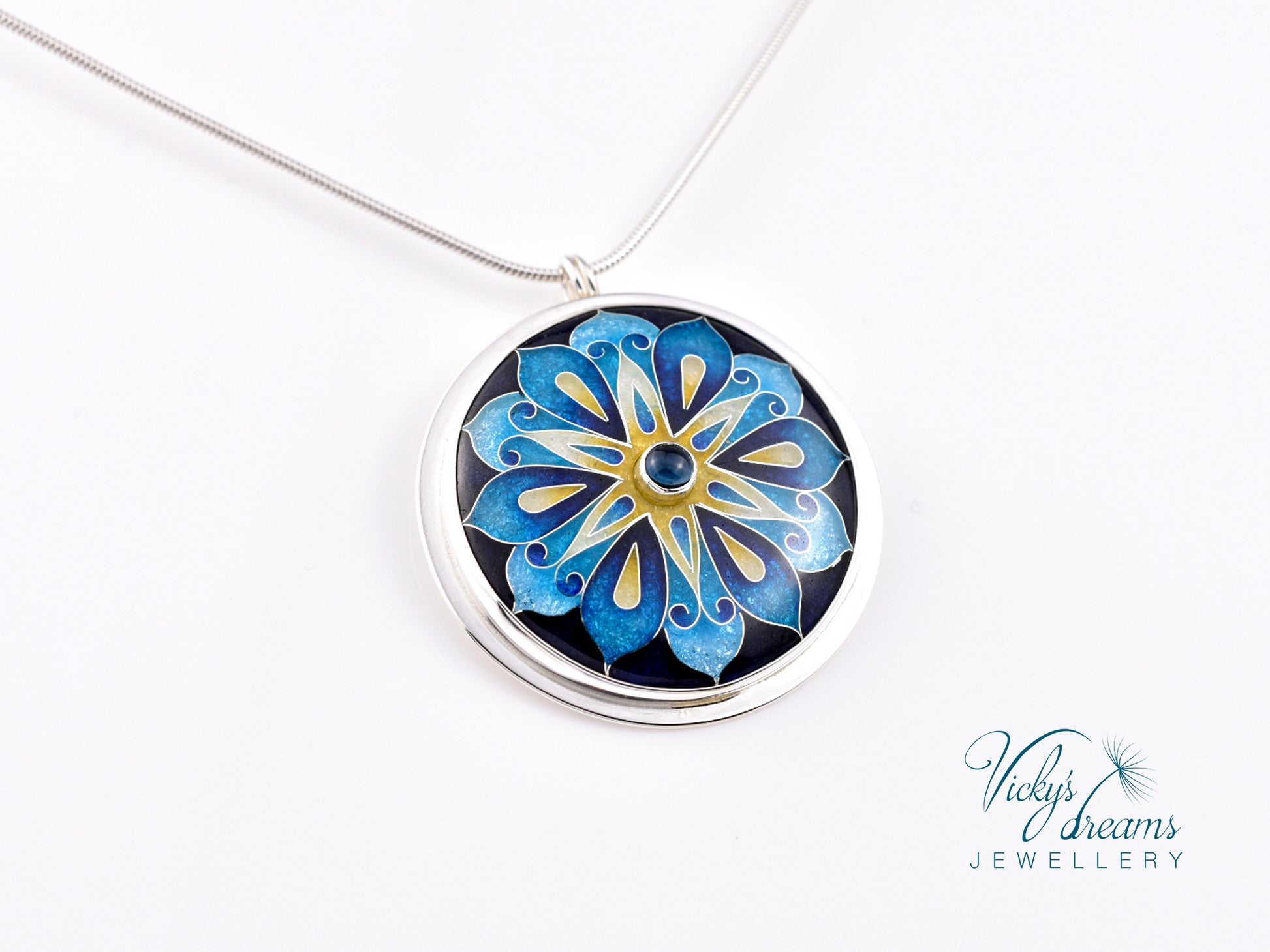 Handmade cloisonné blue mandala enamel pendant with London Blue Topaz gemstone in sterling silver