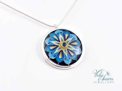 Handmade cloisonné blue mandala enamel pendant with London Blue Topaz gemstone in sterling silver