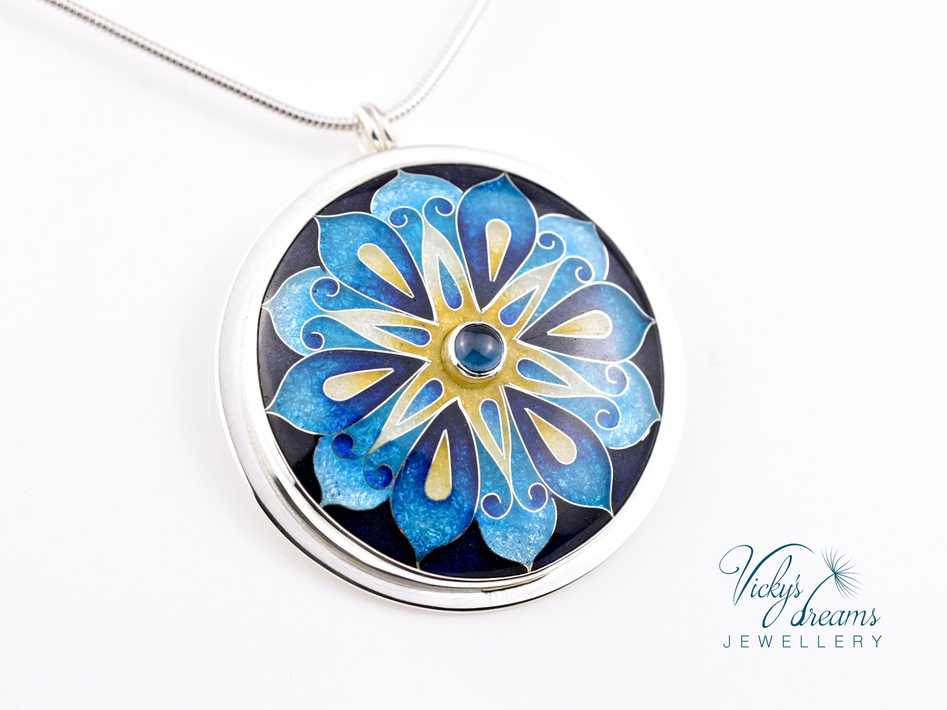 Handmade cloisonné blue mandala enamel pendant with London Blue Topaz gemstone in sterling silver