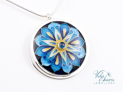 Handmade cloisonné blue mandala enamel pendant with London Blue Topaz gemstone in sterling silver