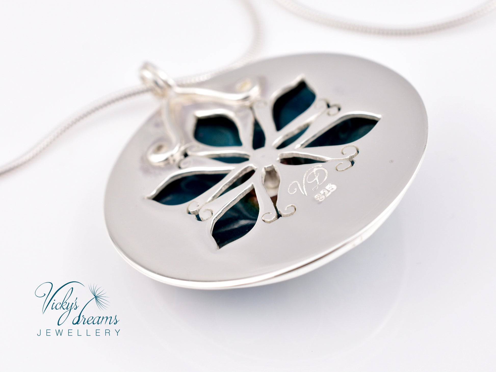 Handmade cloisonné blue mandala enamel pendant with London Blue Topaz gemstone in sterling silver