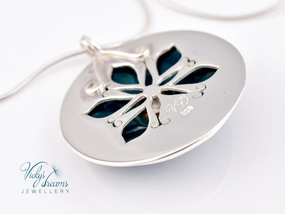 Handmade cloisonné blue mandala enamel pendant with London Blue Topaz gemstone in sterling silver