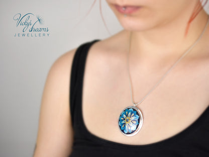 Handmade cloisonné blue mandala enamel pendant with London Blue Topaz gemstone in sterling silver