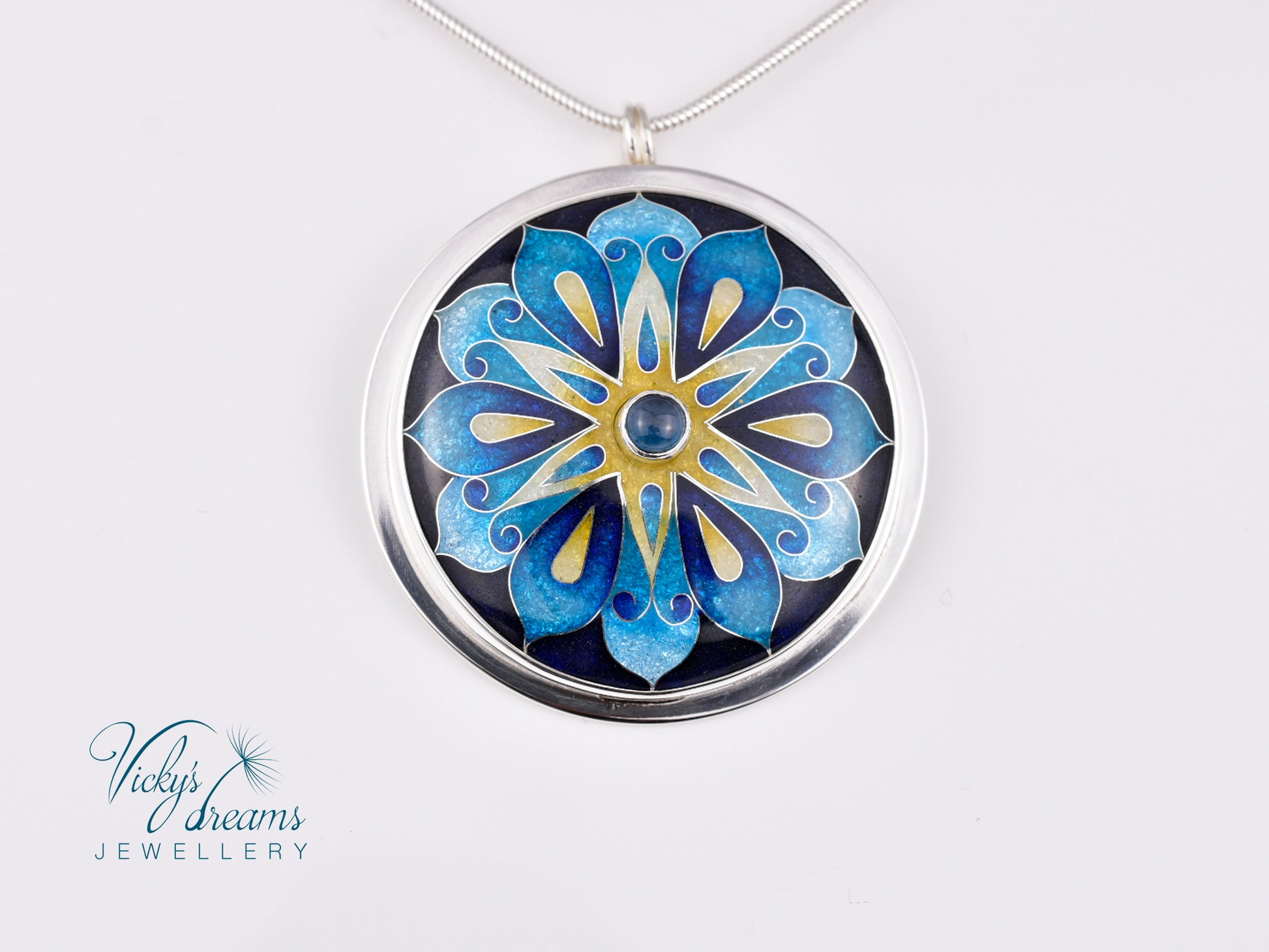 Handmade cloisonné blue mandala enamel pendant with London Blue Topaz gemstone in sterling silver