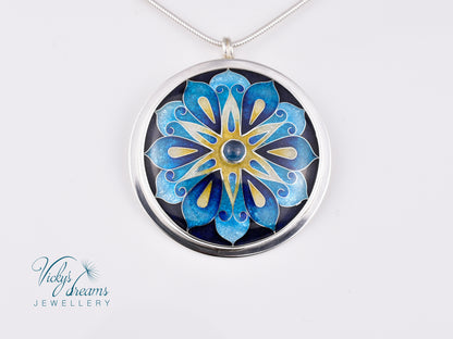 Handmade cloisonné blue mandala enamel pendant with London Blue Topaz gemstone in sterling silver