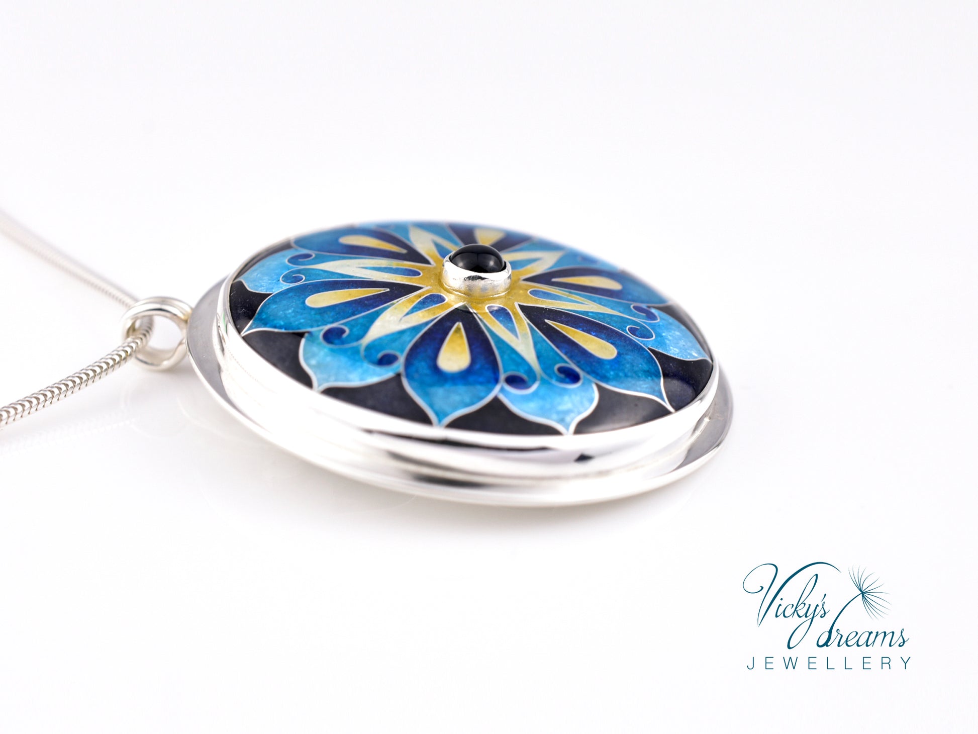 Handmade cloisonné blue mandala enamel pendant with London Blue Topaz gemstone in sterling silver