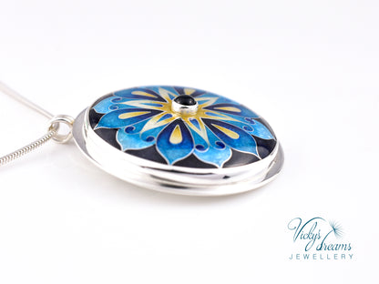 Handmade cloisonné blue mandala enamel pendant with London Blue Topaz gemstone in sterling silver