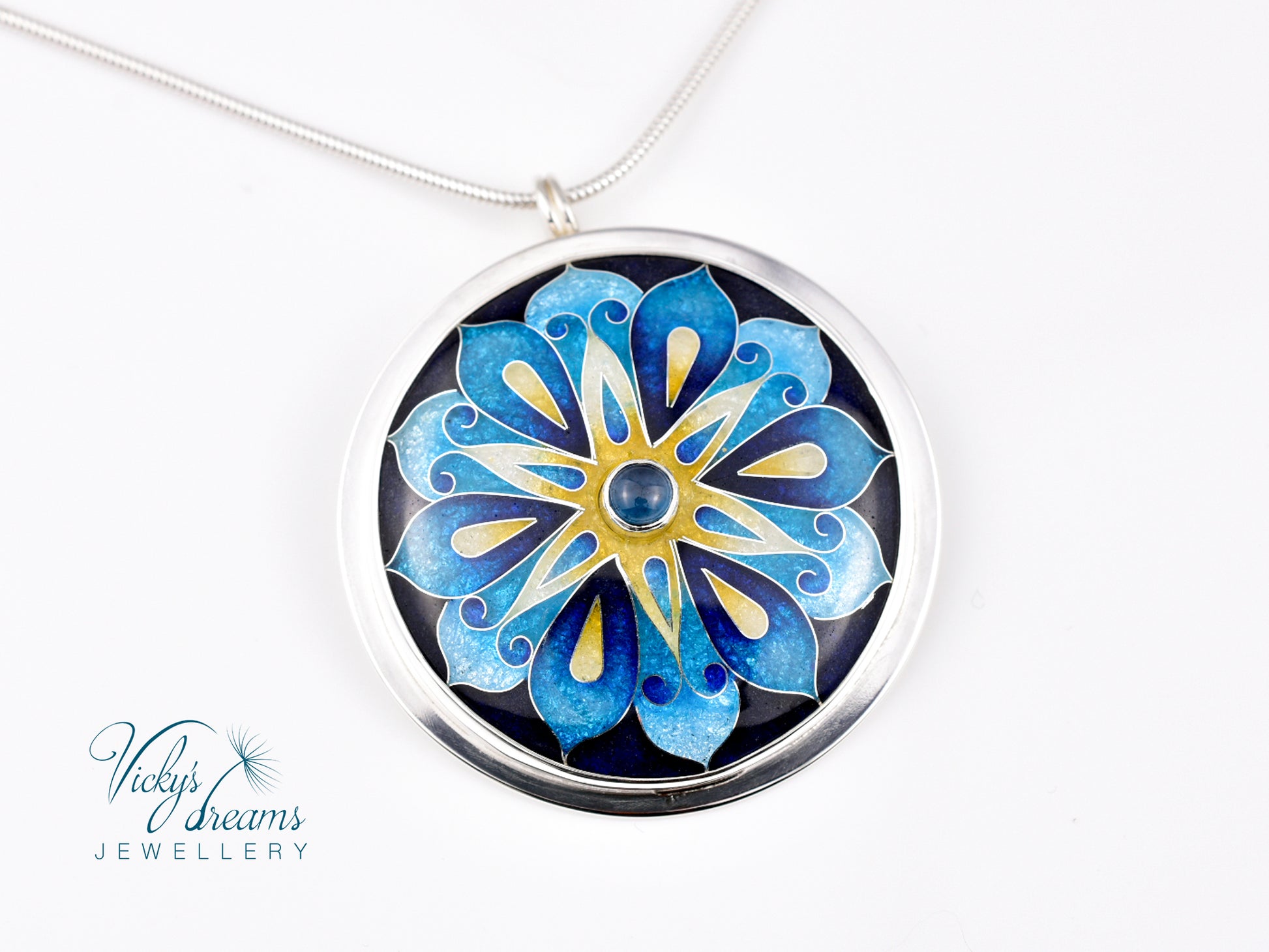 Handmade cloisonné blue mandala enamel pendant with London Blue Topaz gemstone in sterling silver