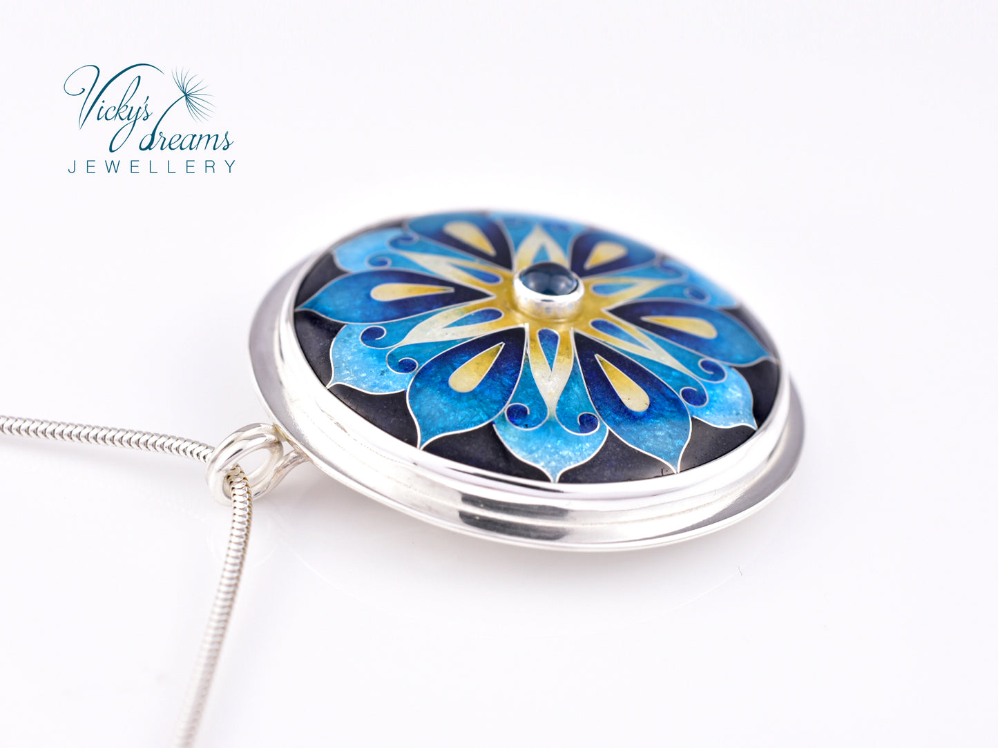 Handmade cloisonné blue mandala enamel pendant with London Blue Topaz gemstone in sterling silver