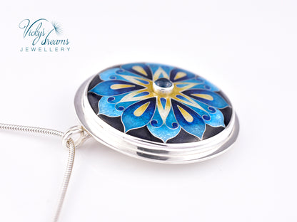 Handmade cloisonné blue mandala enamel pendant with London Blue Topaz gemstone in sterling silver