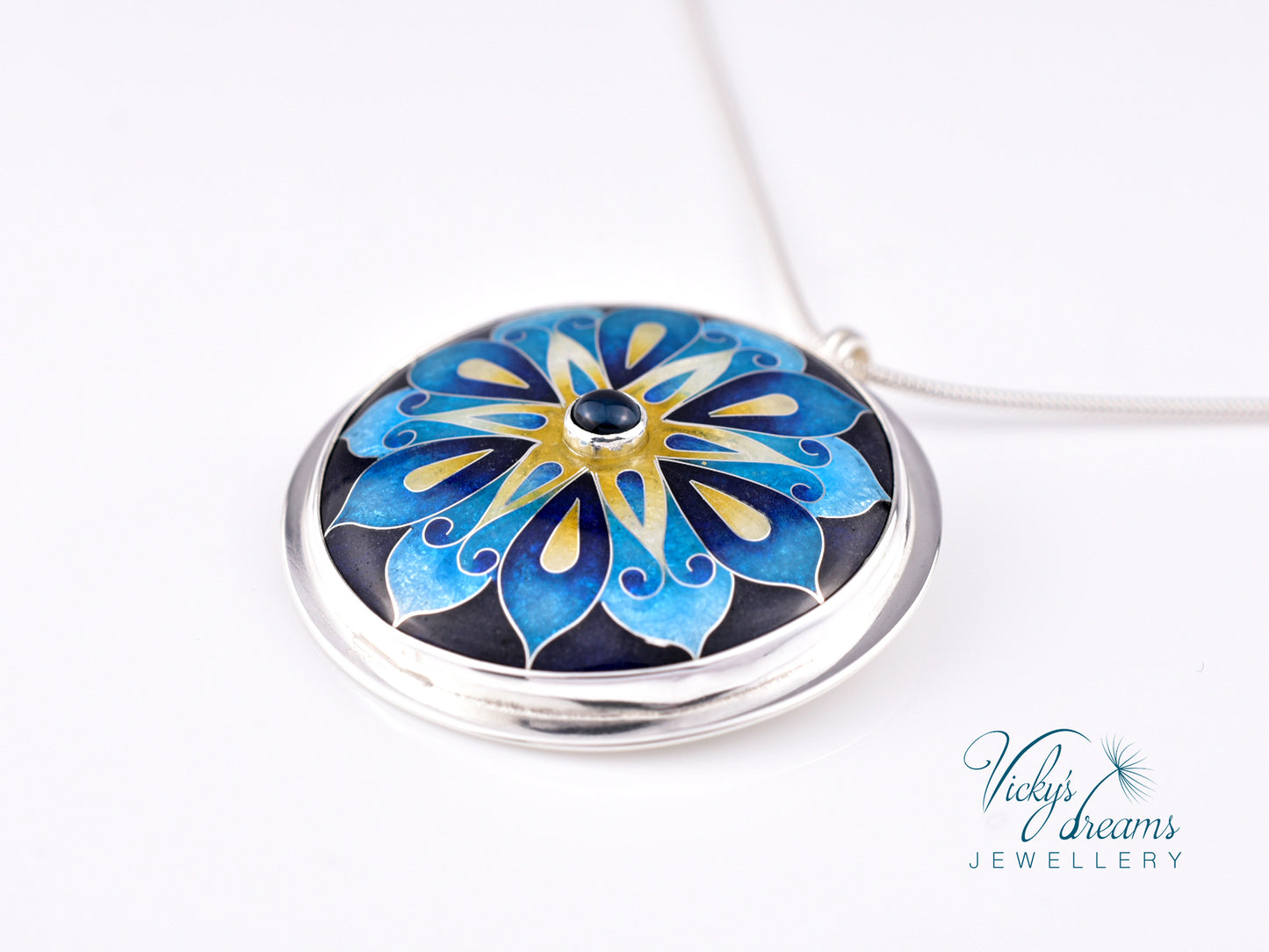 Handmade cloisonné blue mandala enamel pendant with London Blue Topaz gemstone in sterling silver