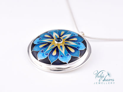 Handmade cloisonné blue mandala enamel pendant with London Blue Topaz gemstone in sterling silver
