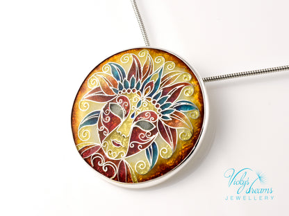 Sterling Silver Enamel Necklace with Vibrant Cloisonne Mask