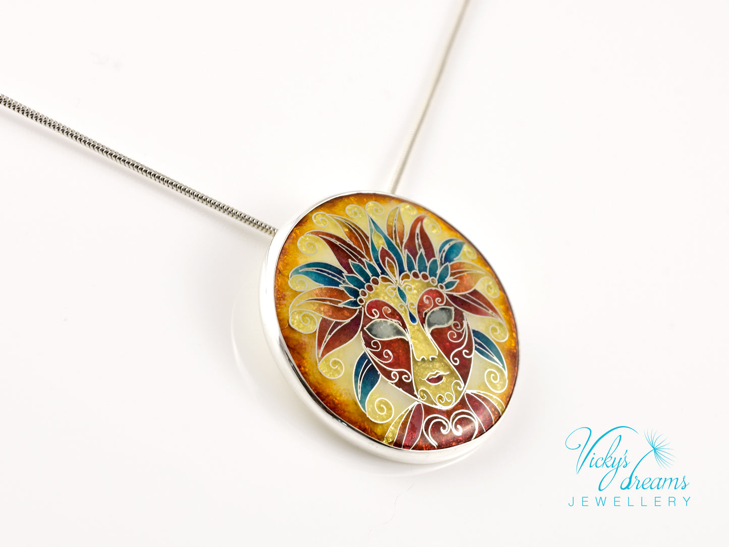 Sterling Silver Enamel Necklace with Vibrant Cloisonne Mask