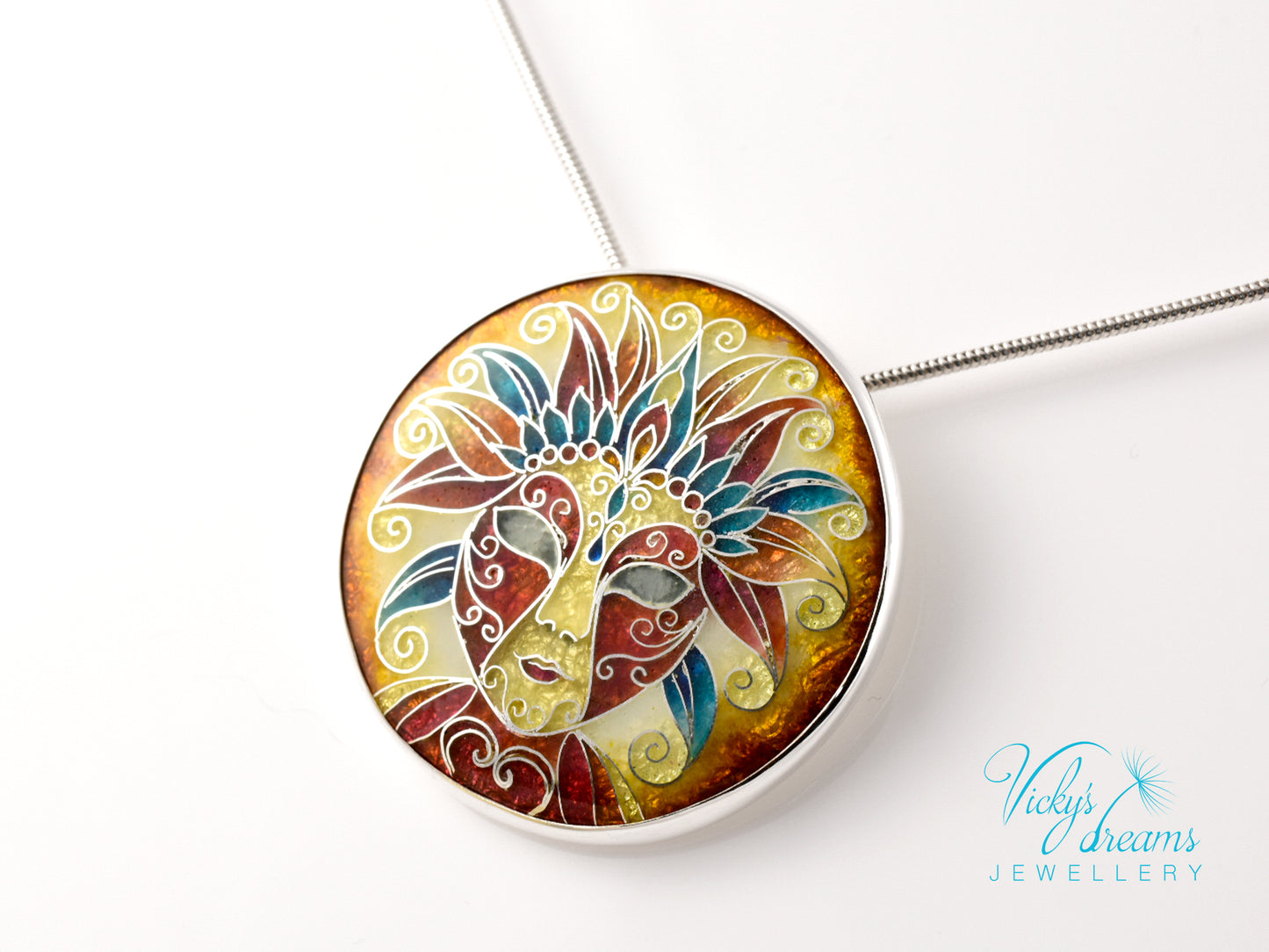 Sterling Silver Enamel Necklace with Vibrant Cloisonne Mask