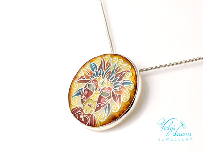 Sterling Silver Enamel Necklace with Vibrant Cloisonne Mask