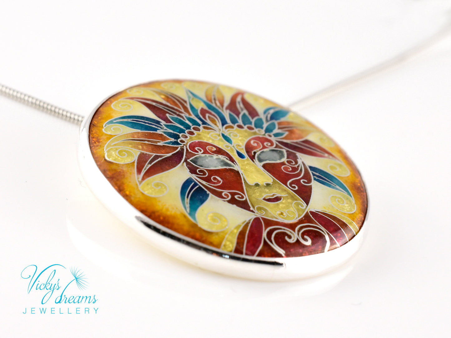 Sterling Silver Enamel Necklace with Vibrant Cloisonne Mask
