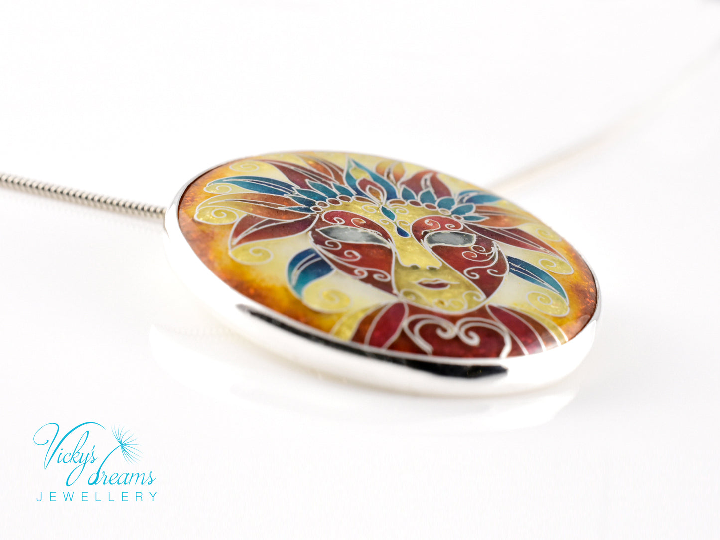 Sterling Silver Enamel Necklace with Vibrant Cloisonne Mask