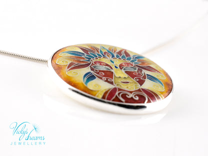 Sterling Silver Enamel Necklace with Vibrant Cloisonne Mask