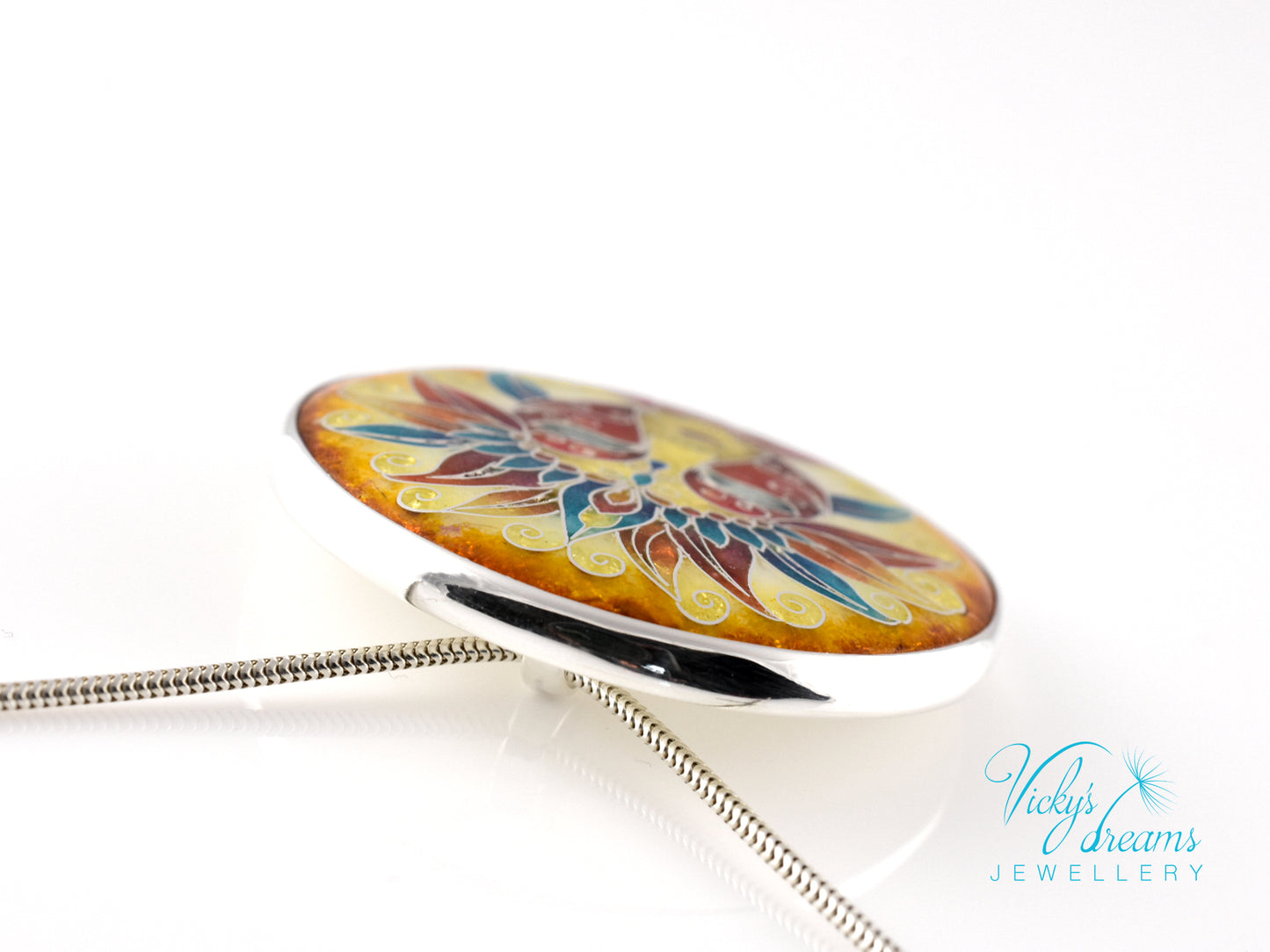 Sterling Silver Enamel Necklace with Vibrant Cloisonne Mask