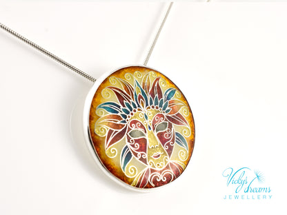 Sterling Silver Enamel Necklace with Vibrant Cloisonne Mask