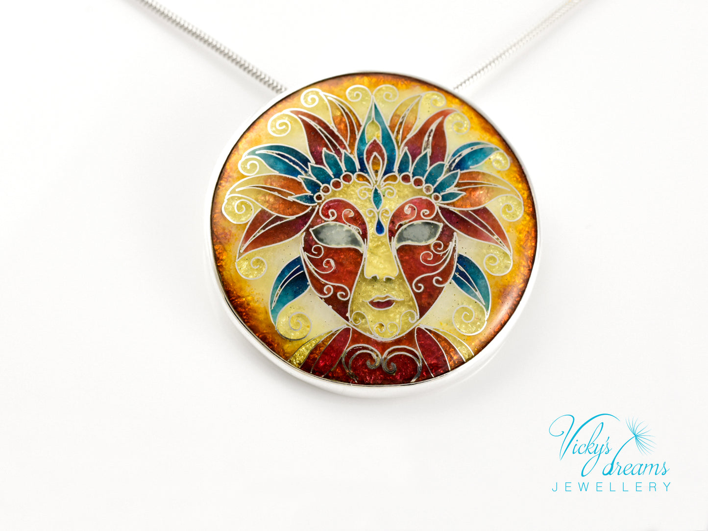 Sterling Silver Enamel Necklace with Vibrant Cloisonne Mask