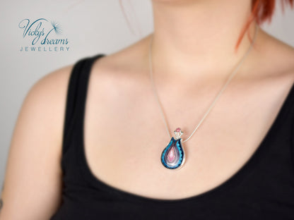 Handmade cloisonné enamel folk motif flower pendant with pink Tourmaline in sterling silver