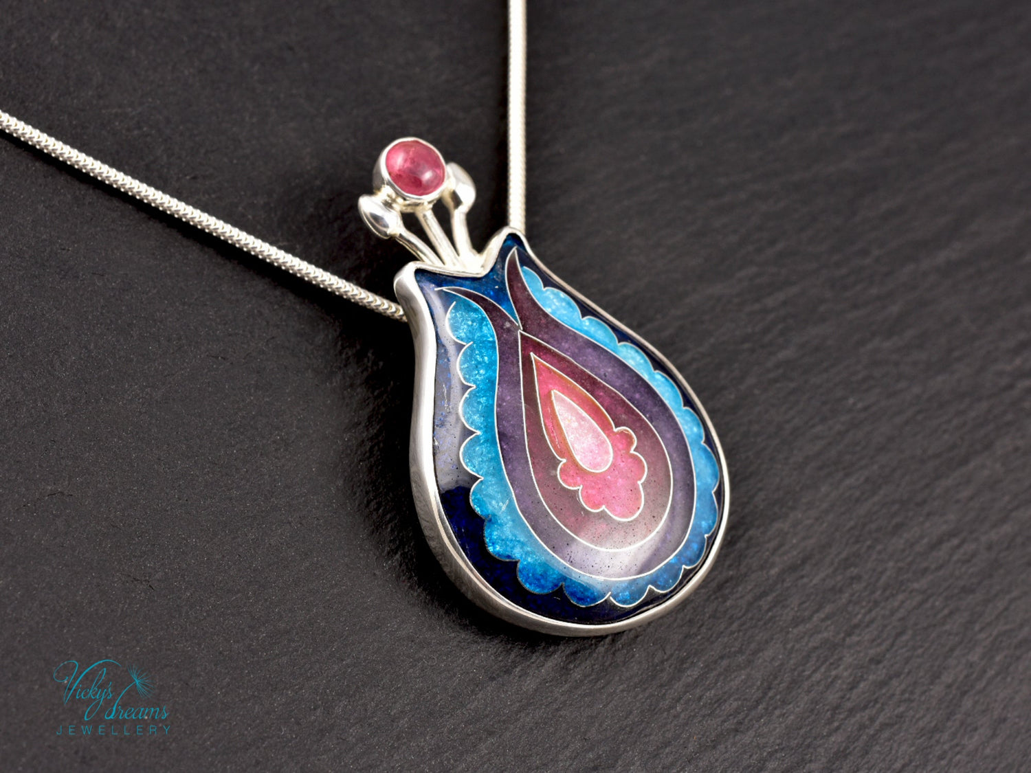 Handmade cloisonné enamel folk motif flower pendant with pink Tourmaline in sterling silver