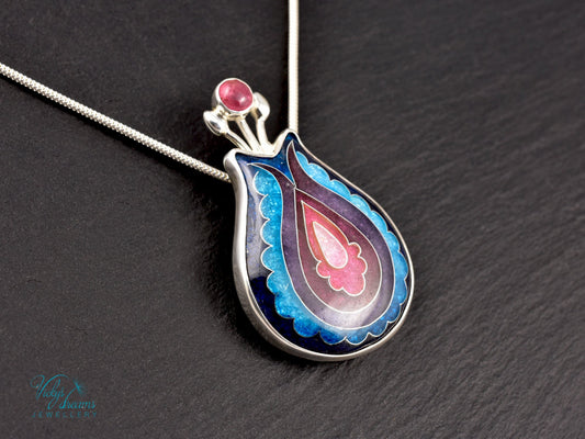 Handmade cloisonné enamel folk motif flower pendant with pink Tourmaline in sterling silver