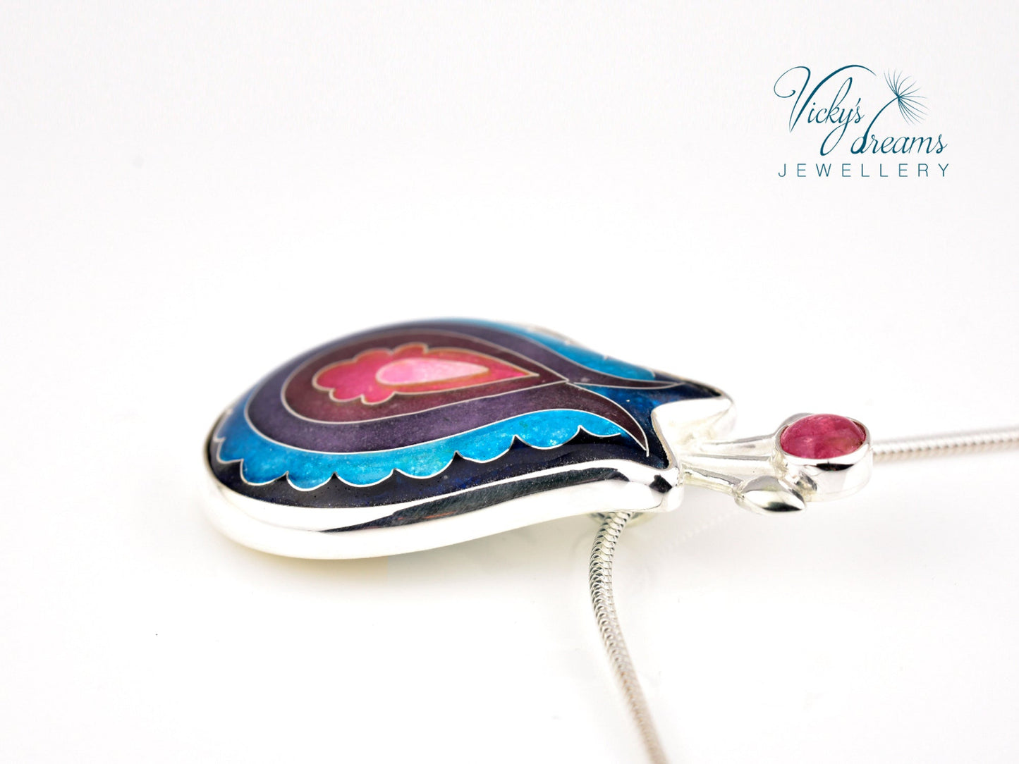 Handmade cloisonné enamel folk motif flower pendant with pink Tourmaline in sterling silver