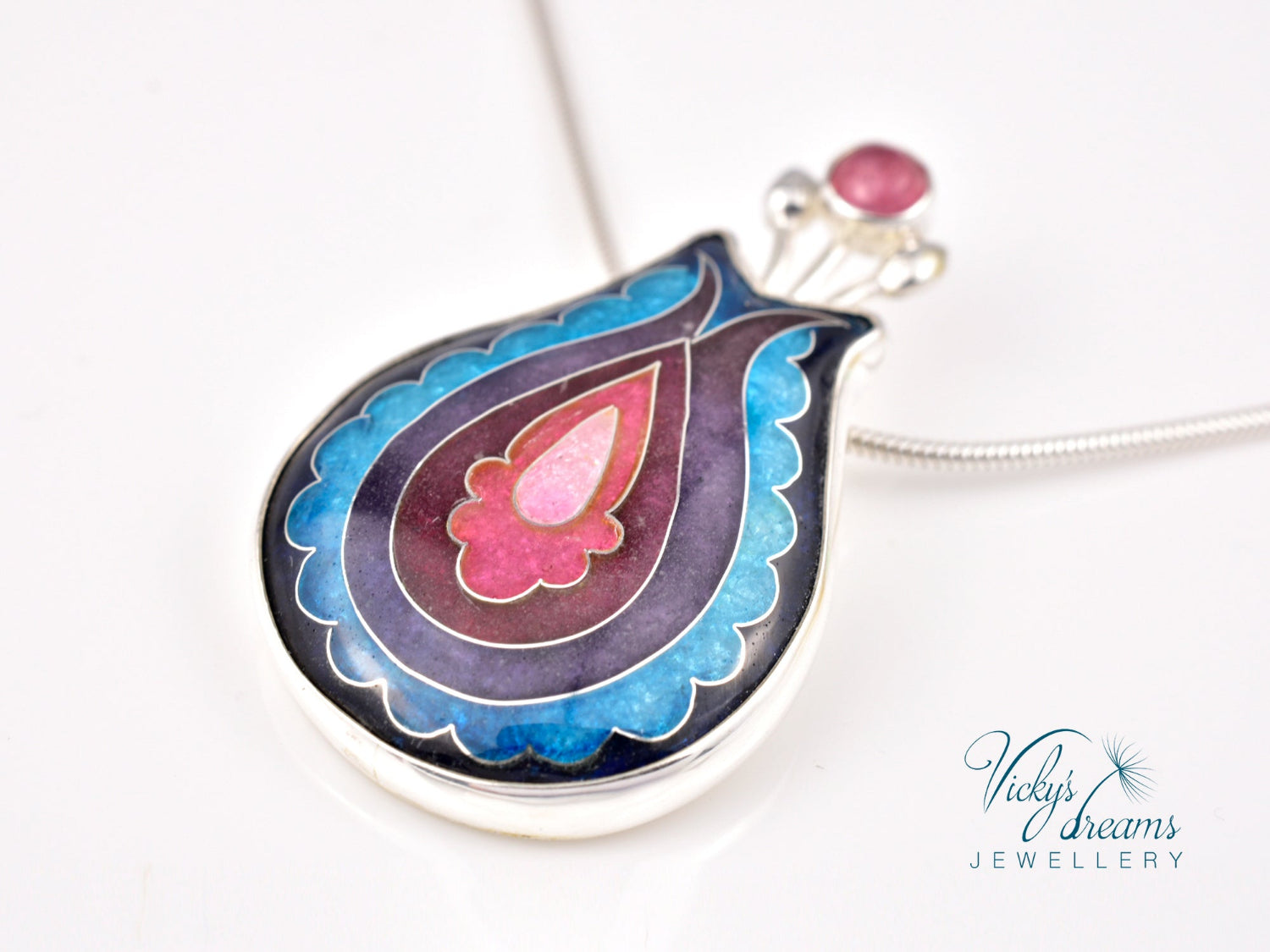 Handmade cloisonné enamel folk motif flower pendant with pink Tourmaline in sterling silver