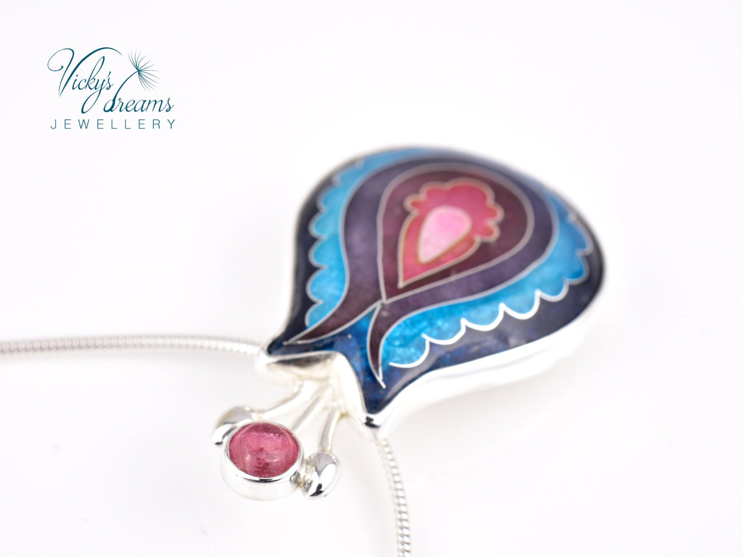 Handmade cloisonné enamel folk motif flower pendant with pink Tourmaline in sterling silver