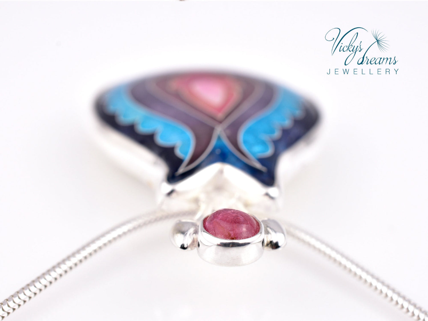 Handmade cloisonné enamel folk motif flower pendant with pink Tourmaline in sterling silver