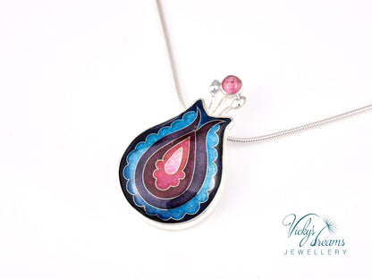 Handmade cloisonné enamel folk motif flower pendant with pink Tourmaline in sterling silver