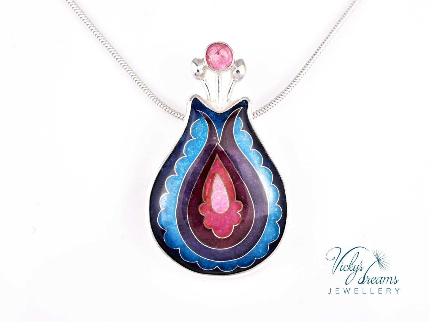 Handmade cloisonné enamel folk motif flower pendant with pink Tourmaline in sterling silver