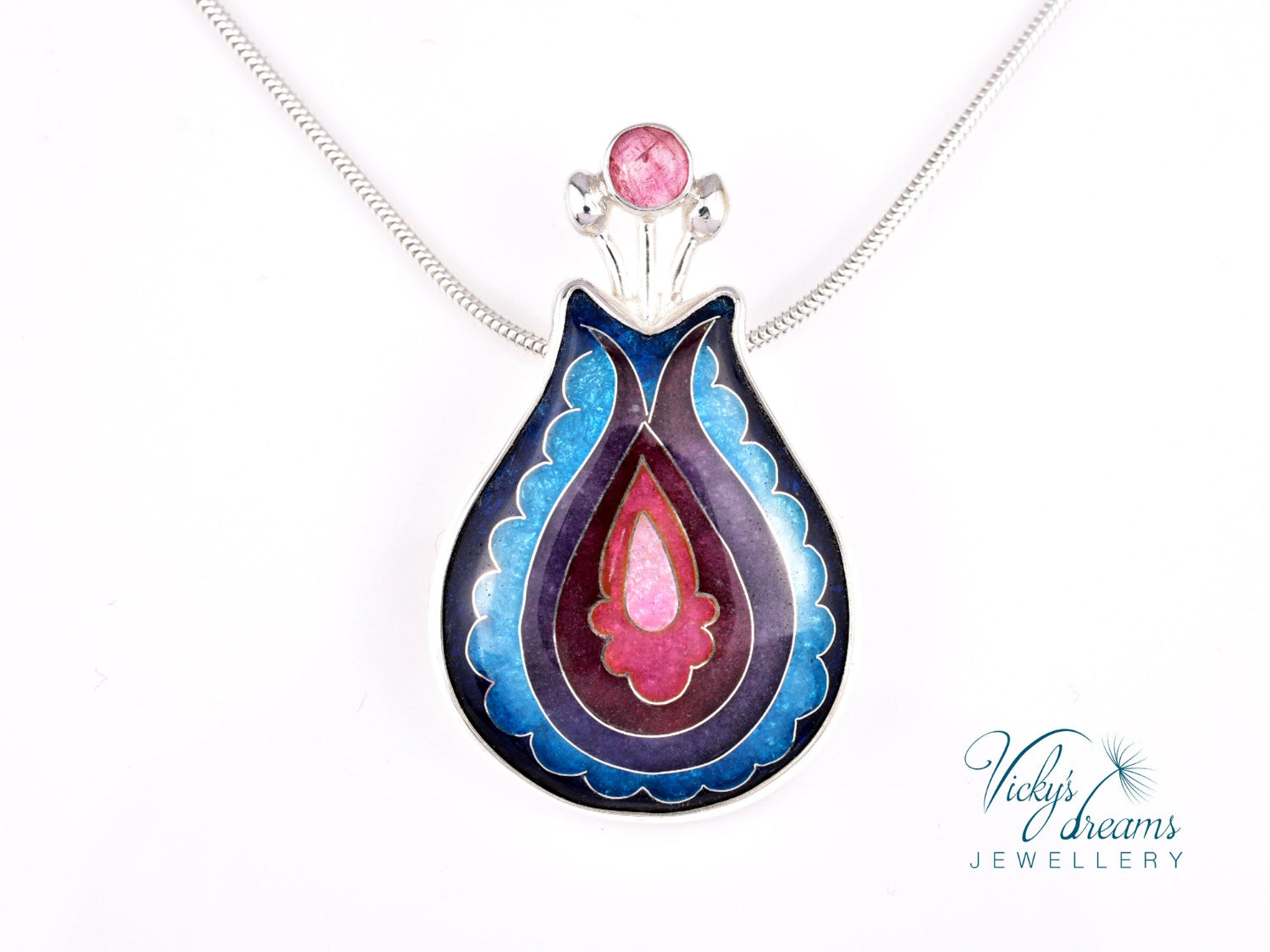 Handmade cloisonné enamel folk motif flower pendant with pink Tourmaline in sterling silver