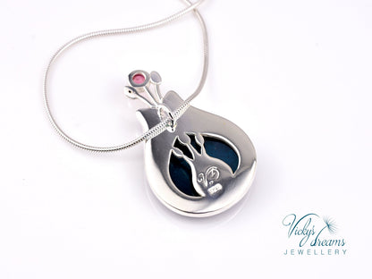 Handmade cloisonné enamel folk motif flower pendant with pink Tourmaline in sterling silver