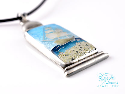 Bright blue Cloisonné enamel necklace with Sea in the Bottle design