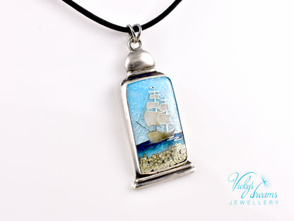 Bright blue Cloisonné enamel necklace with Sea in the Bottle design