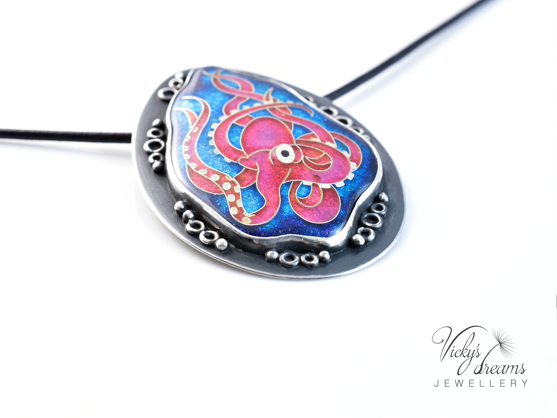 Artisan cloisonné silver pendant with marine life design  