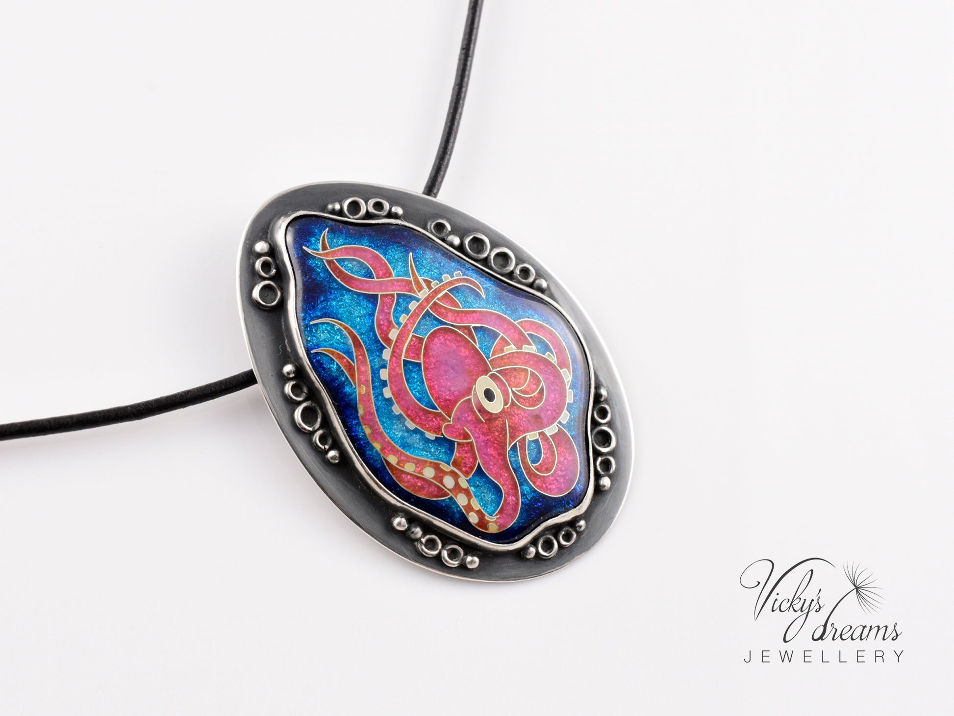 Artisan cloisonné silver pendant with marine life design  