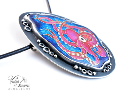 Artisan cloisonné silver pendant with marine life design  